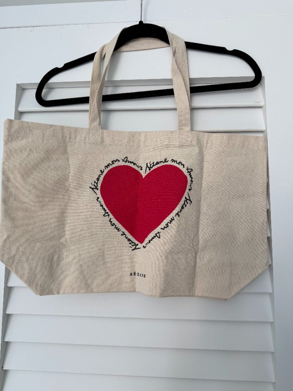 Sezane Mon Amour Red Heart Cotton Canvas Cream Ecru Tote Bag NEW